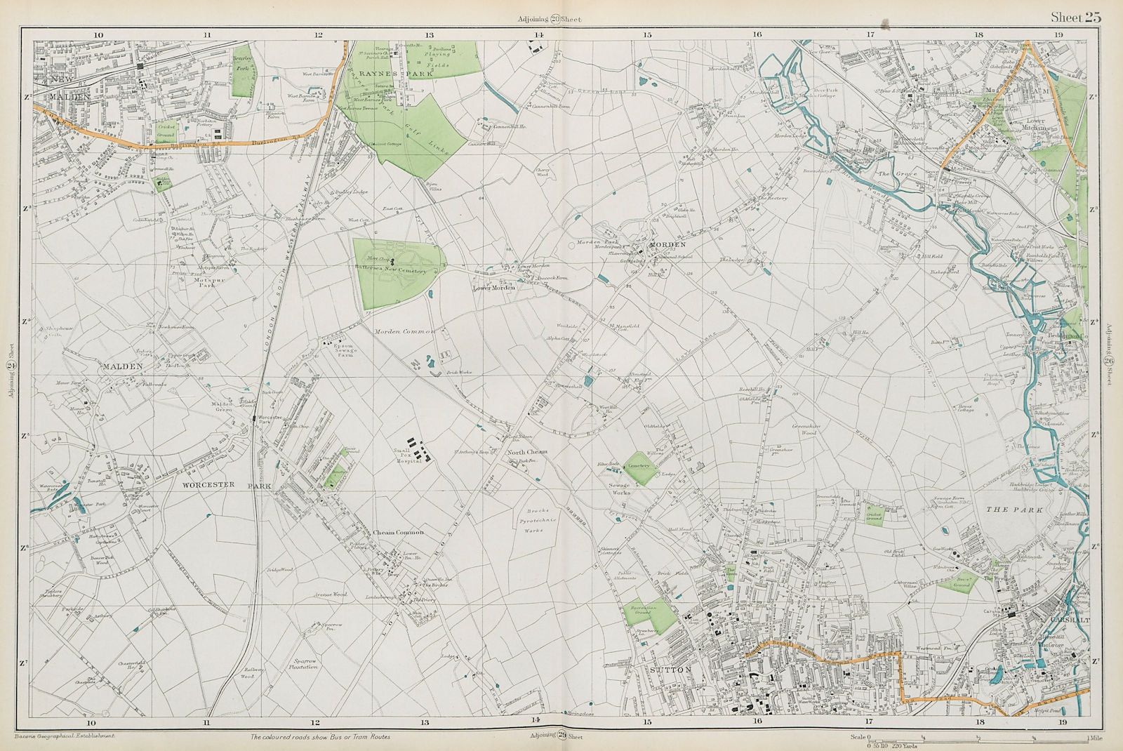 SUTTON Carshalton Morden New Malden Worcester Pk Mitcham Cheam. BACON  1913 map